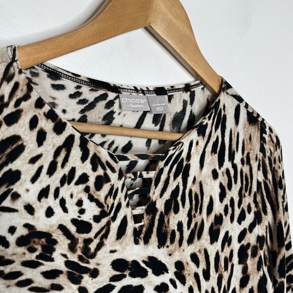 Chicos Travelers Leopard Print Top Womens 8/10 M 1 Slinky Knit Animal Resort - Picture 2 of 6